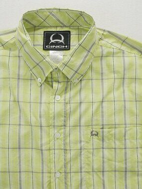 Cinch Men’s Western Plaid Short Sleeve Button-Up Shirt Lime Green Nylon‎ Size L